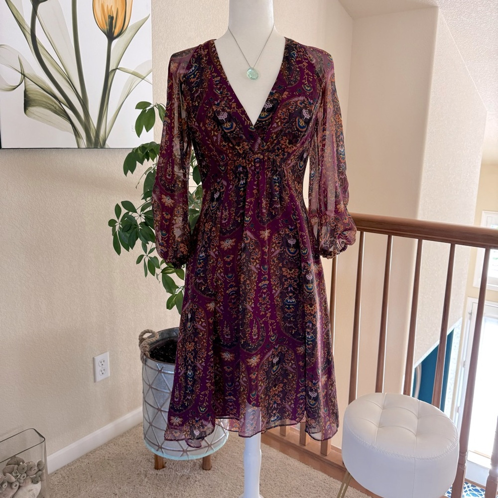 Purple print hi-low v-neck dress